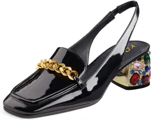 YDN Metal Chain Decor Casual Slingback Loafers Heeled Daily Sandals Embossed Block Pumps Closed Square Toe Dress Shoes Size 4-15 US