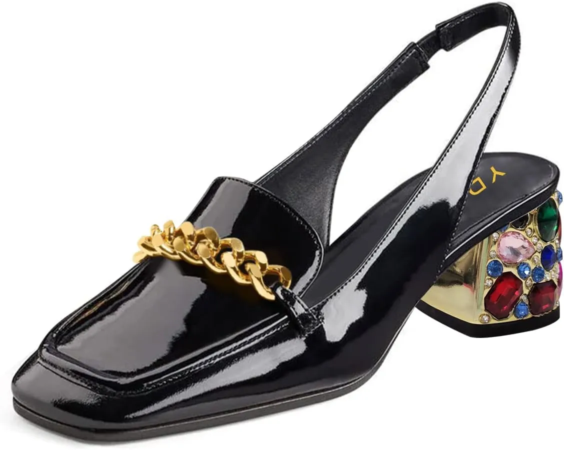 YDN Metal Chain Decor Casual Slingback Loafers Heeled Daily Sandals Embossed Block Pumps Closed Square Toe Dress Shoes Size 4-15 US
