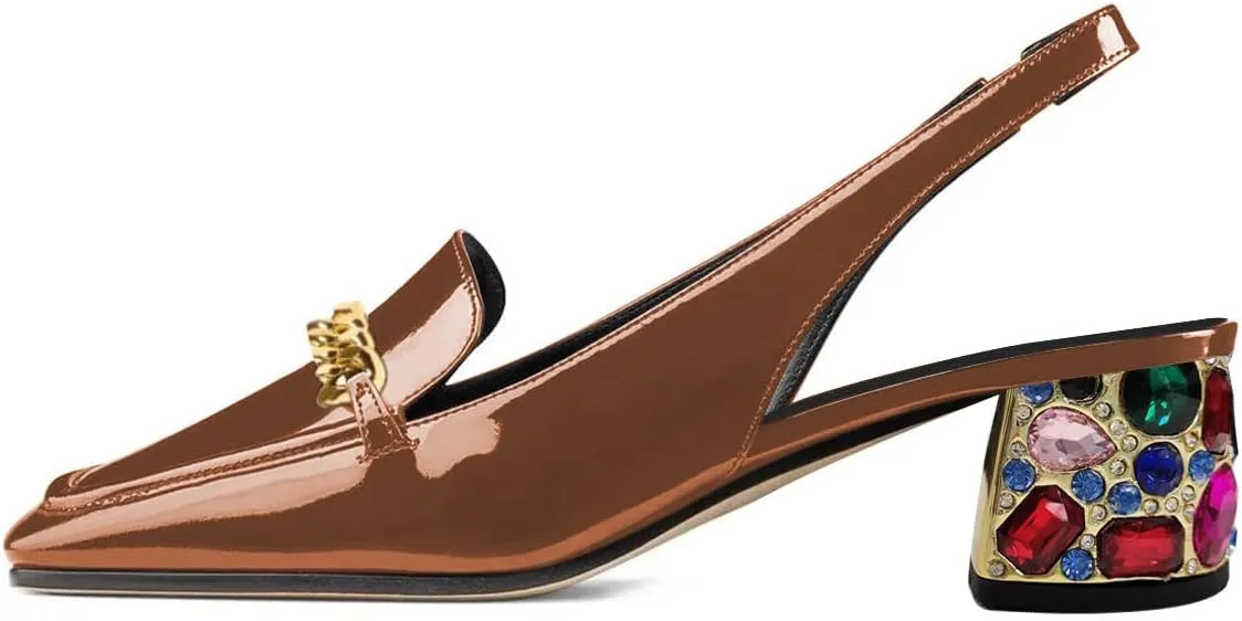 YDN Metal Chain Decor Casual Slingback Loafers Heeled Daily Sandals Embossed Block Pumps Closed Square Toe Dress Shoes Size 4-15 US