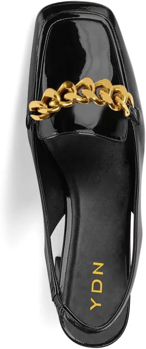 YDN Metal Chain Decor Casual Slingback Loafers Heeled Daily Sandals Embossed Block Pumps Closed Square Toe Dress Shoes Size 4-15 US
