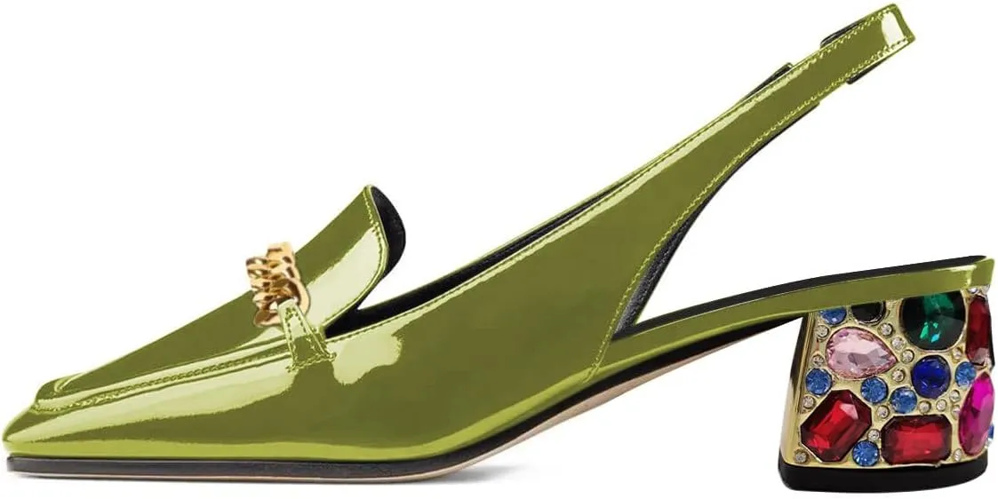 YDN Metal Chain Decor Casual Slingback Loafers Heeled Daily Sandals Embossed Block Pumps Closed Square Toe Dress Shoes Size 4-15 US
