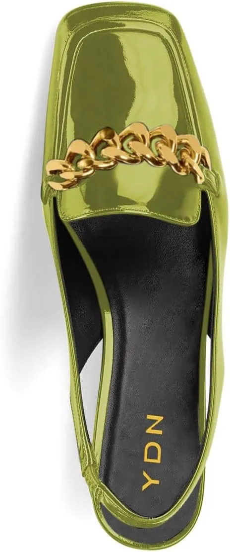 YDN Metal Chain Decor Casual Slingback Loafers Heeled Daily Sandals Embossed Block Pumps Closed Square Toe Dress Shoes Size 4-15 US