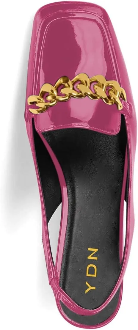 YDN Metal Chain Decor Casual Slingback Loafers Heeled Daily Sandals Embossed Block Pumps Closed Square Toe Dress Shoes Size 4-15 US