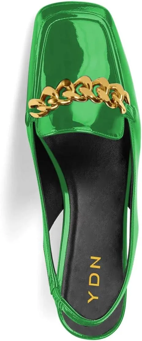 YDN Metal Chain Decor Casual Slingback Loafers Heeled Daily Sandals Embossed Block Pumps Closed Square Toe Dress Shoes Size 4-15 US