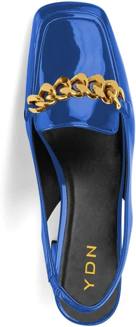 YDN Metal Chain Decor Casual Slingback Loafers Heeled Daily Sandals Embossed Block Pumps Closed Square Toe Dress Shoes Size 4-15 US