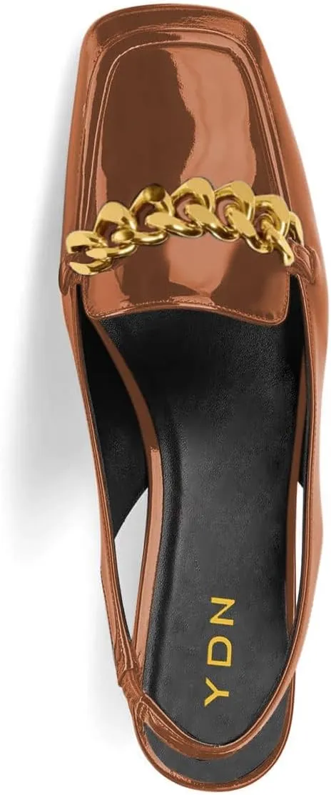 YDN Metal Chain Decor Casual Slingback Loafers Heeled Daily Sandals Embossed Block Pumps Closed Square Toe Dress Shoes Size 4-15 US