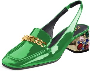YDN Metal Chain Decor Casual Slingback Loafers Heeled Daily Sandals Embossed Block Pumps Closed Square Toe Dress Shoes Size 4-15 US