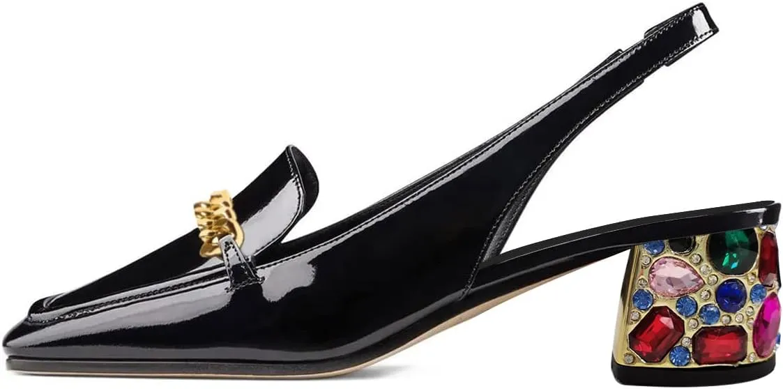 YDN Metal Chain Decor Casual Slingback Loafers Heeled Daily Sandals Embossed Block Pumps Closed Square Toe Dress Shoes Size 4-15 US
