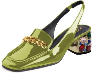 YDN Metal Chain Decor Casual Slingback Loafers Heeled Daily Sandals Embossed Block Pumps Closed Square Toe Dress Shoes Size 4-15 US