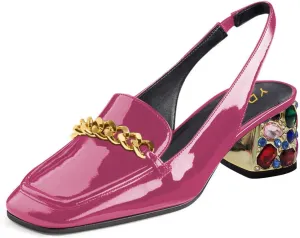 YDN Metal Chain Decor Casual Slingback Loafers Heeled Daily Sandals Embossed Block Pumps Closed Square Toe Dress Shoes Size 4-15 US