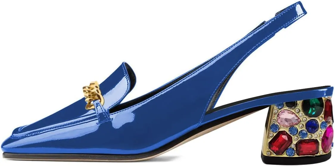 YDN Metal Chain Decor Casual Slingback Loafers Heeled Daily Sandals Embossed Block Pumps Closed Square Toe Dress Shoes Size 4-15 US