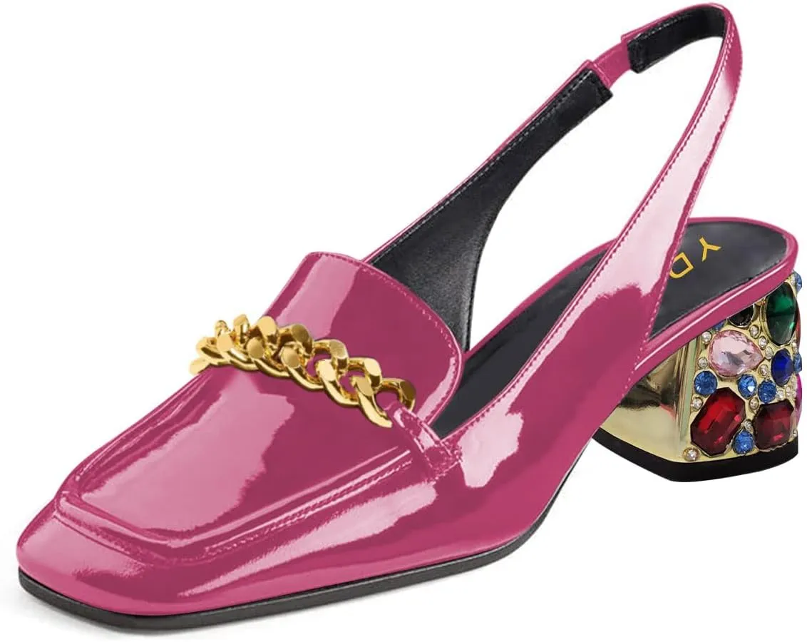YDN Metal Chain Decor Casual Slingback Loafers Heeled Daily Sandals Embossed Block Pumps Closed Square Toe Dress Shoes Size 4-15 US