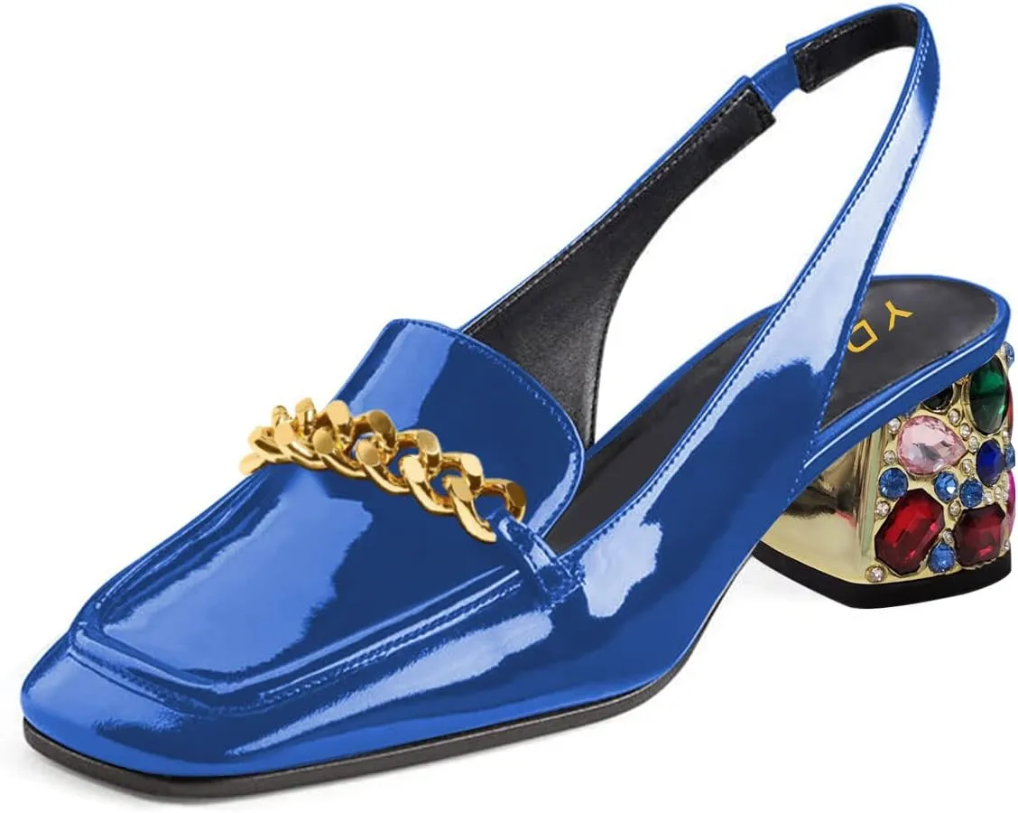 YDN Metal Chain Decor Casual Slingback Loafers Heeled Daily Sandals Embossed Block Pumps Closed Square Toe Dress Shoes Size 4-15 US
