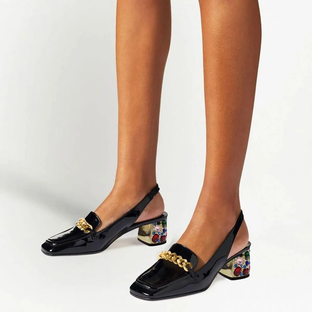 YDN Metal Chain Decor Casual Slingback Loafers Heeled Daily Sandals Embossed Block Pumps Closed Square Toe Dress Shoes Size 4-15 US