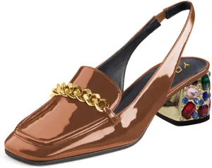 YDN Metal Chain Decor Casual Slingback Loafers Heeled Daily Sandals Embossed Block Pumps Closed Square Toe Dress Shoes Size 4-15 US
