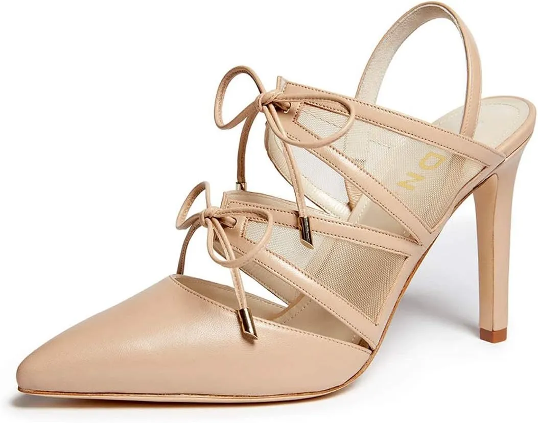 YDN Women Fashion Pointed Toe Stiletto High Heel Mesh Strappy Dress Sandals Bowknots Lace up Slingback Party Pumps Shoes Size 13 Wheat
