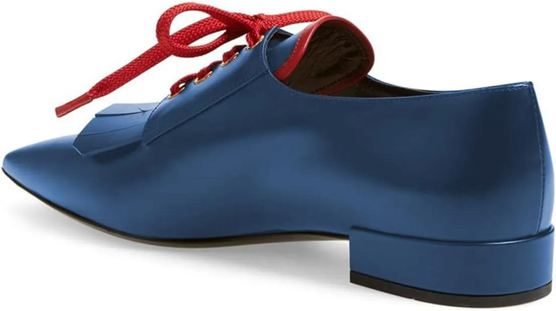 YDN Women Fringed Pumps Tassel Flats Pointed Toe Monks Two Tone Oxford Block Low Heels Lace Up Shoes Working Business Size 4-16 US