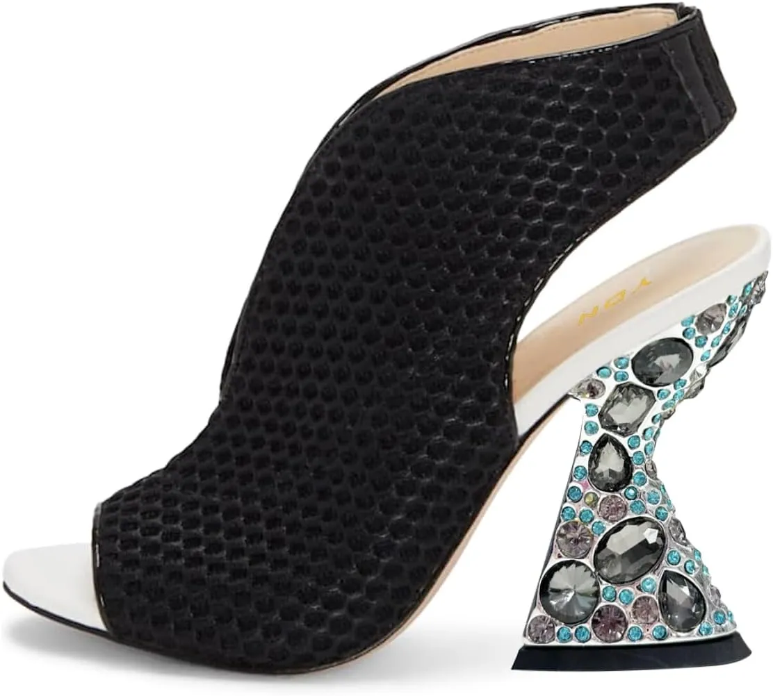 YDN Women Peep Toe High Heel Slingback Sandals Crystals Gems Heels Elastic Strap Slip On Booties Shoes Party Club Daily Size 4-16 US