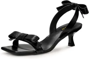 YDN Women's Bow Sandals Open Square Toe Kitten Heels Slip On Fashion Wedding Dress Party Heeled Shoes Size 4-16 US