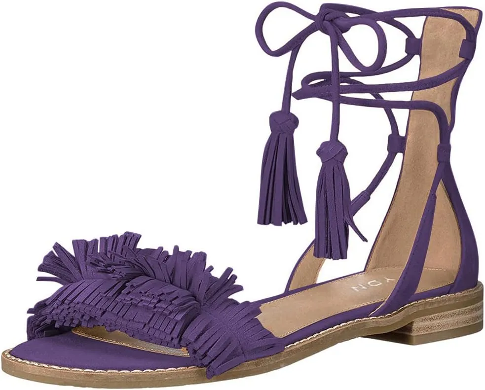 YDN Women's Stacked Low Heels Fringes Sandals Open Toe Flats Lace up Night Club Shoe
