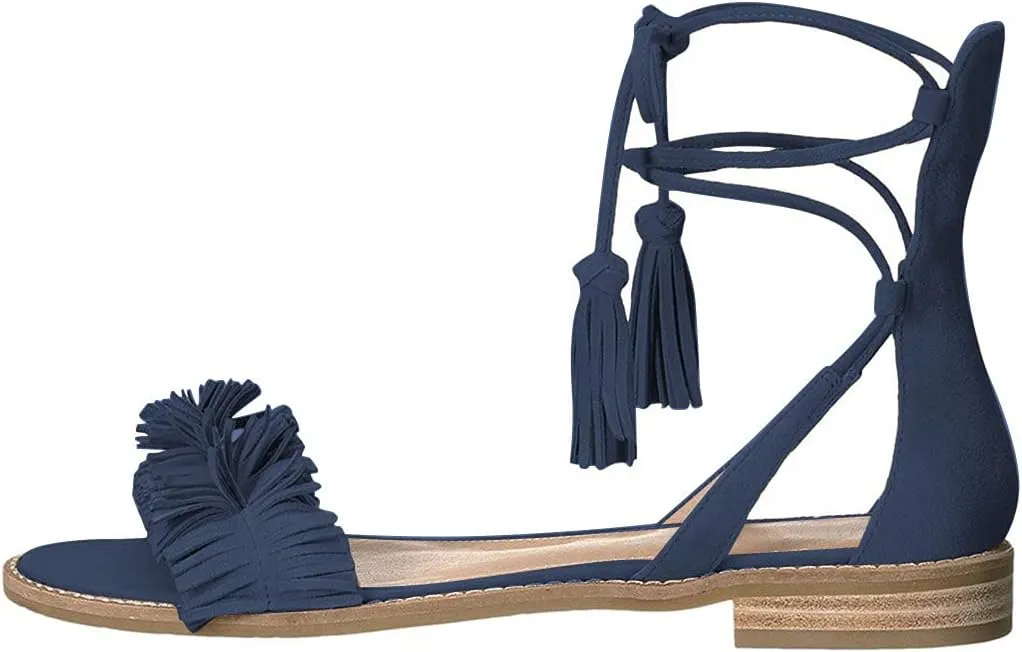 YDN Women's Stacked Low Heels Fringes Sandals Open Toe Flats Lace up Night Club Shoe