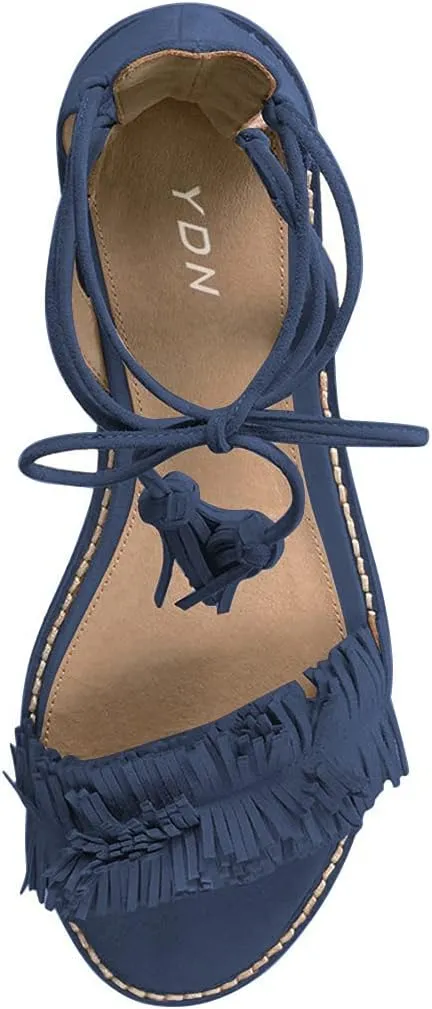 YDN Women's Stacked Low Heels Fringes Sandals Open Toe Flats Lace up Night Club Shoe