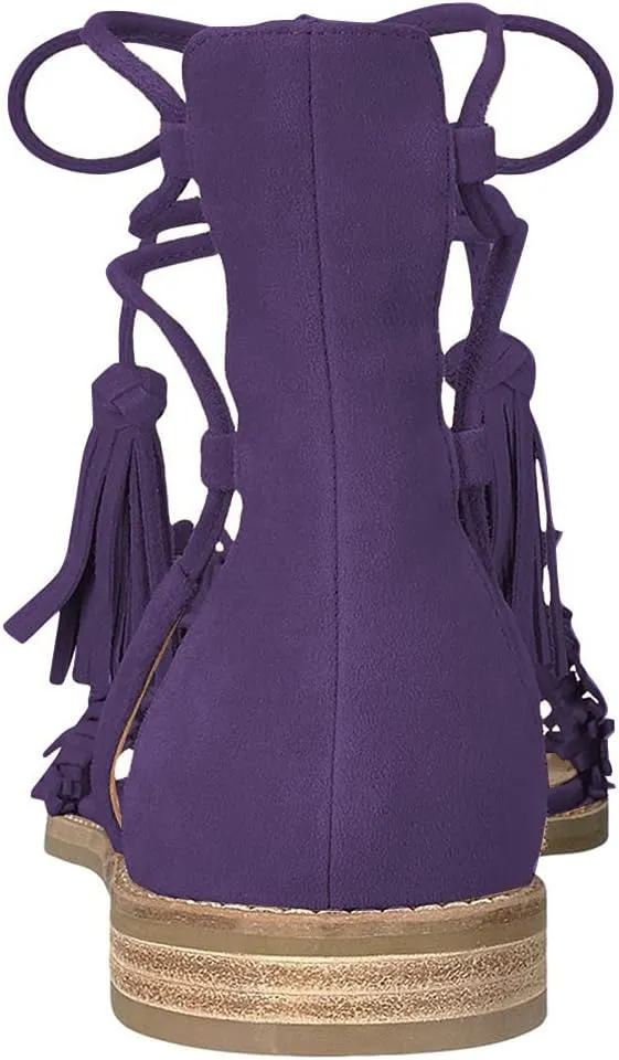 YDN Women's Stacked Low Heels Fringes Sandals Open Toe Flats Lace up Night Club Shoe