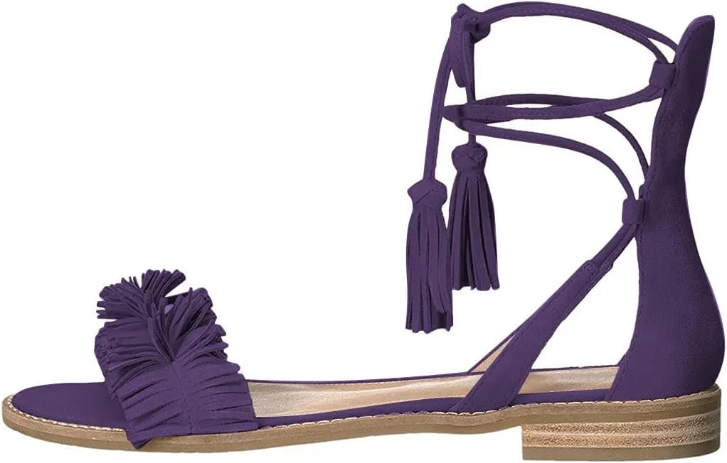 YDN Women's Stacked Low Heels Fringes Sandals Open Toe Flats Lace up Night Club Shoe