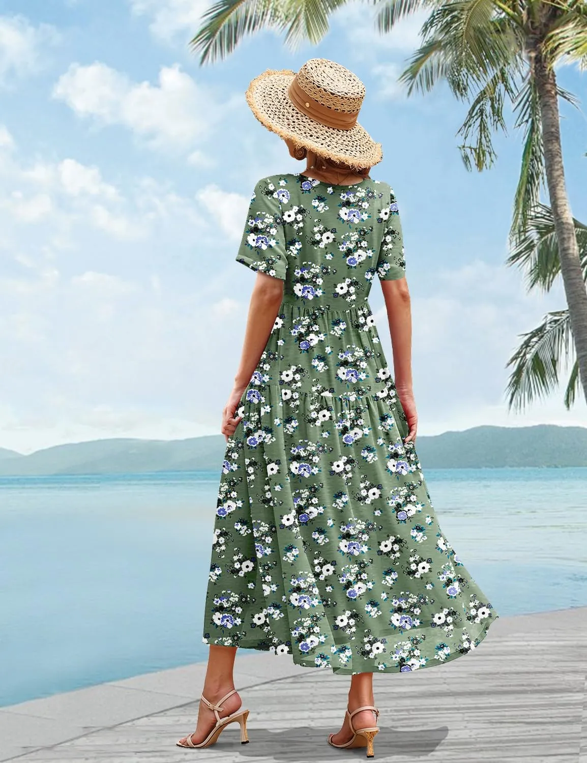 YESNO Women Casual Loose Bohemian Floral Dress with Pockets Short Sleeve Long Maxi Summer Beach Swing Dress EJF