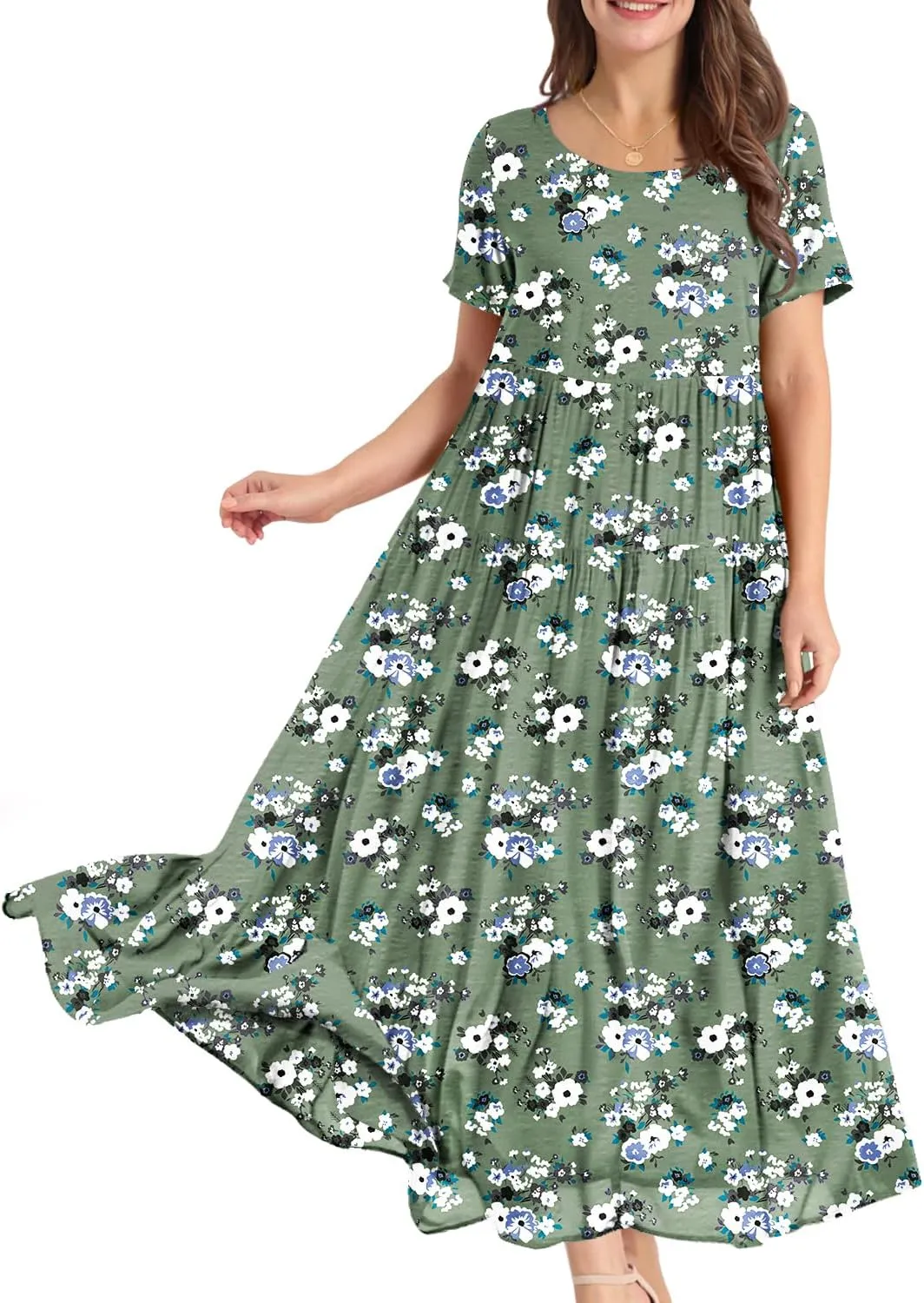 YESNO Women Casual Loose Bohemian Floral Dress with Pockets Short Sleeve Long Maxi Summer Beach Swing Dress EJF