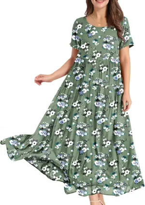 YESNO Women Casual Loose Bohemian Floral Dress with Pockets Short Sleeve Long Maxi Summer Beach Swing Dress EJF