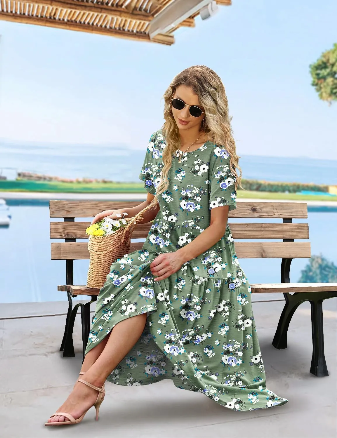 YESNO Women Casual Loose Bohemian Floral Dress with Pockets Short Sleeve Long Maxi Summer Beach Swing Dress EJF