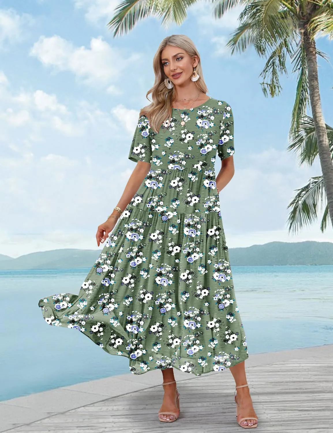 YESNO Women Casual Loose Bohemian Floral Dress with Pockets Short Sleeve Long Maxi Summer Beach Swing Dress EJF