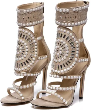 YIYA Women's Studded Strappy Sandals Jeweled High Heeled Gladiator Sandals for Women Stiletto Heels