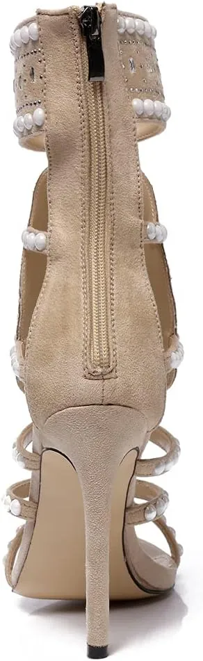 YIYA Women's Studded Strappy Sandals Jeweled High Heeled Gladiator Sandals for Women Stiletto Heels