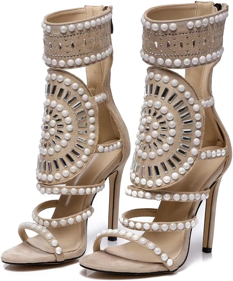YIYA Women's Studded Strappy Sandals Jeweled High Heeled Gladiator Sandals for Women Stiletto Heels