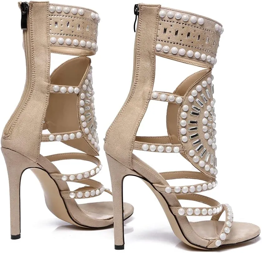 YIYA Women's Studded Strappy Sandals Jeweled High Heeled Gladiator Sandals for Women Stiletto Heels