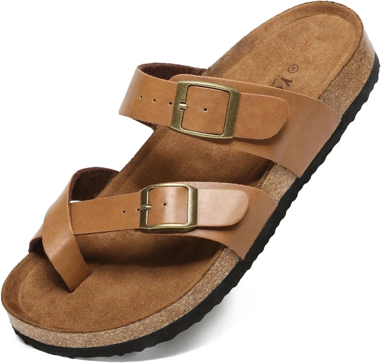 Yozuru Womens Cork Footbed Sandals Comfort Open Toe Slides Adjustable Buckle Beach Summer Flat Sandals with Arch Support
