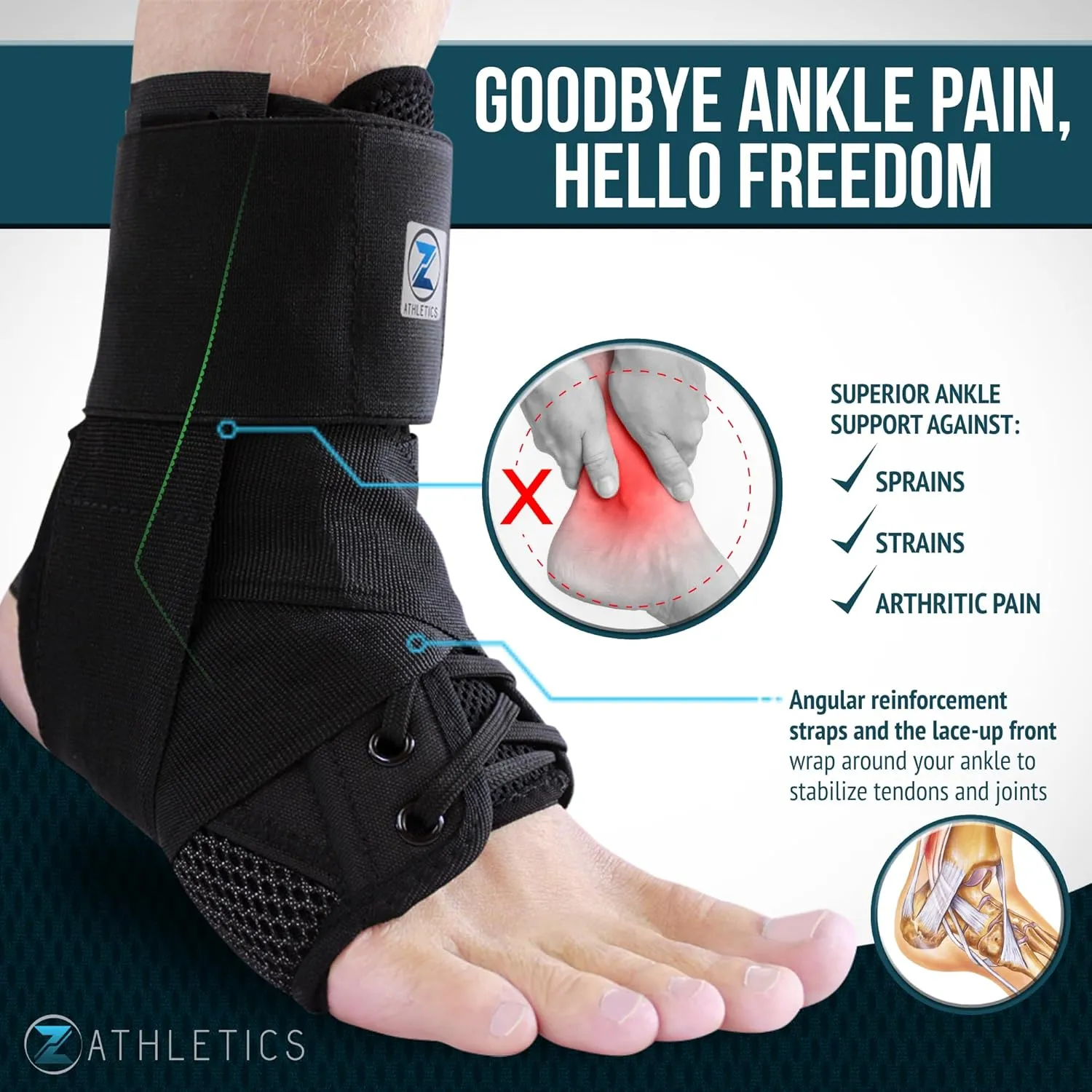 Z ATHLETICS Zenith Ankle Brace, Lace Up Adjustable Support – for Running, Basketball, Injury Recovery, Sprain! Ankle Support for Men, Women, and Children