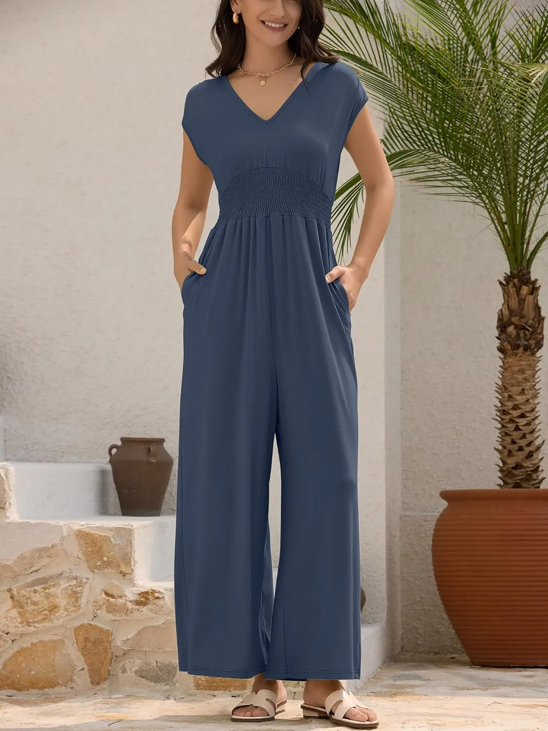 ZAFUL Womens Summer Jumpsuits 2025 Smocked Waist Dressy Casual One Piece Outfits with Pockets