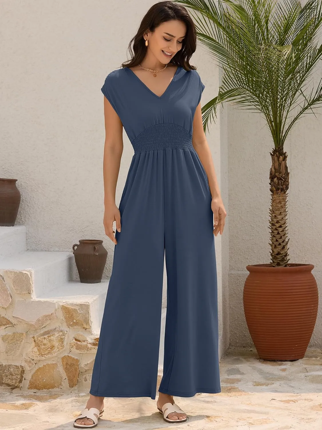 ZAFUL Womens Summer Jumpsuits 2025 Smocked Waist Dressy Casual One Piece Outfits with Pockets