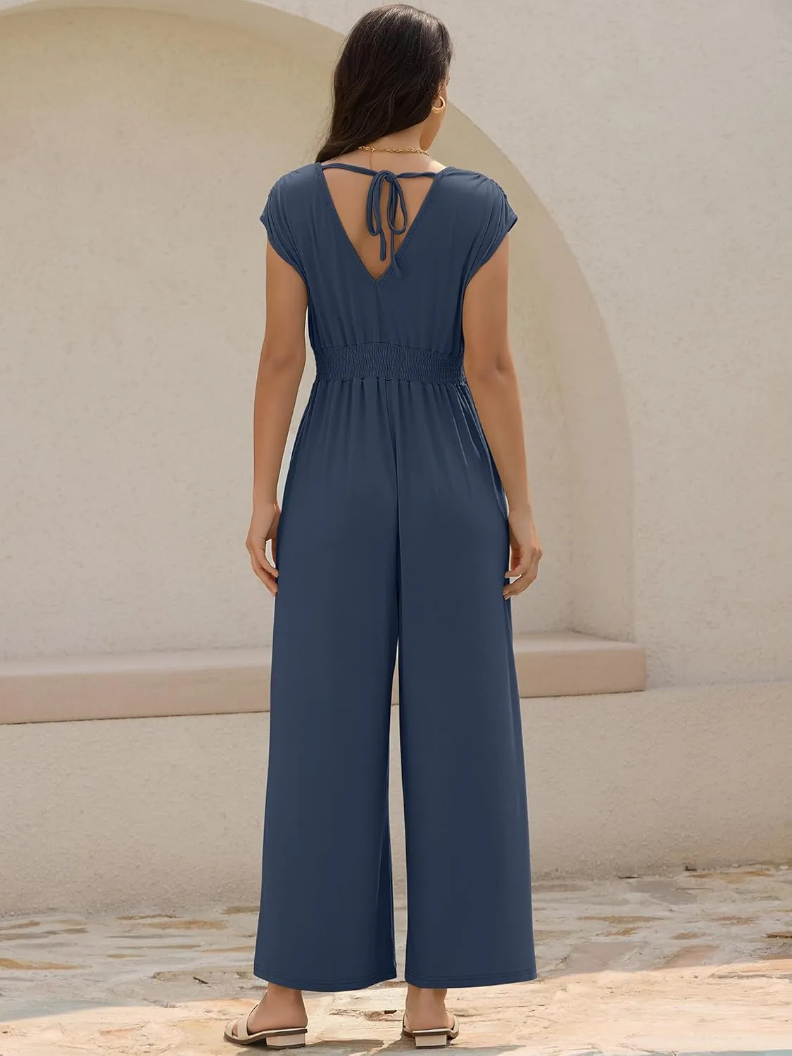 ZAFUL Womens Summer Jumpsuits 2025 Smocked Waist Dressy Casual One Piece Outfits with Pockets