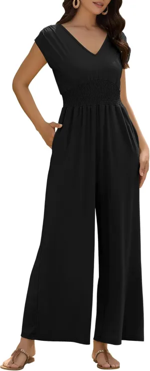 ZAFUL Womens Summer Jumpsuits 2025 Smocked Waist Dressy Casual One Piece Outfits with Pockets