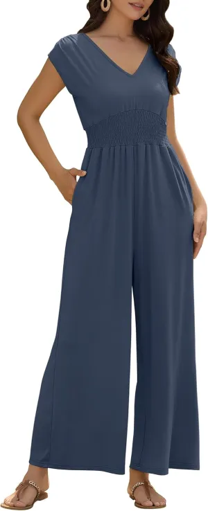ZAFUL Womens Summer Jumpsuits 2025 Smocked Waist Dressy Casual One Piece Outfits with Pockets
