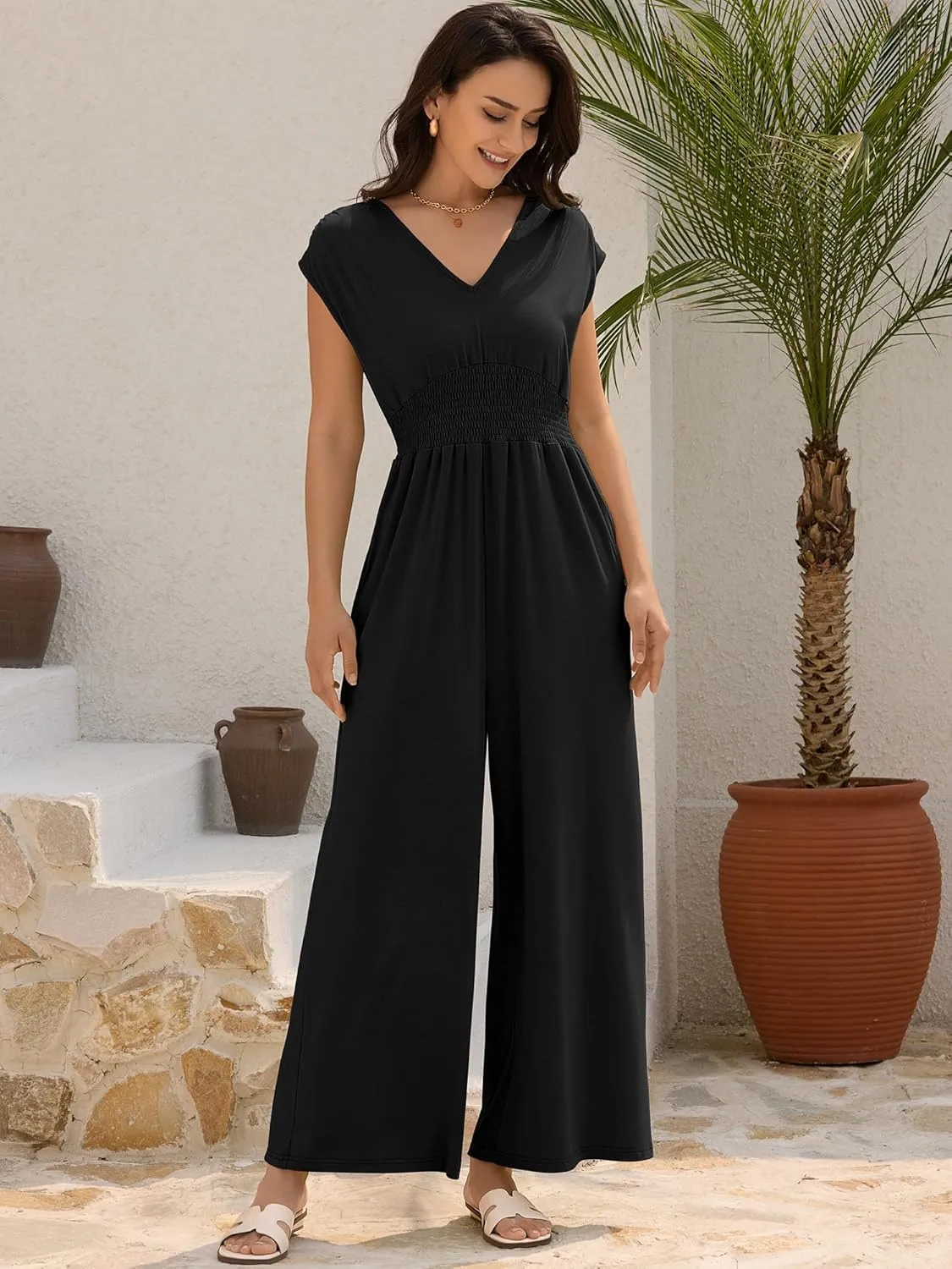 ZAFUL Womens Summer Jumpsuits 2025 Smocked Waist Dressy Casual One Piece Outfits with Pockets