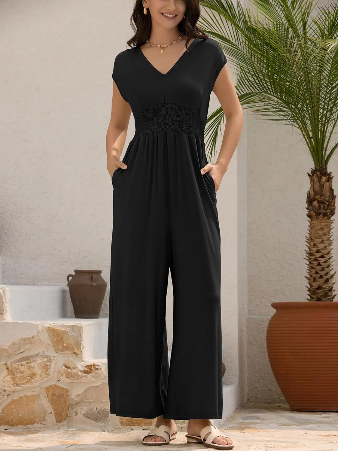 ZAFUL Womens Summer Jumpsuits 2025 Smocked Waist Dressy Casual One Piece Outfits with Pockets