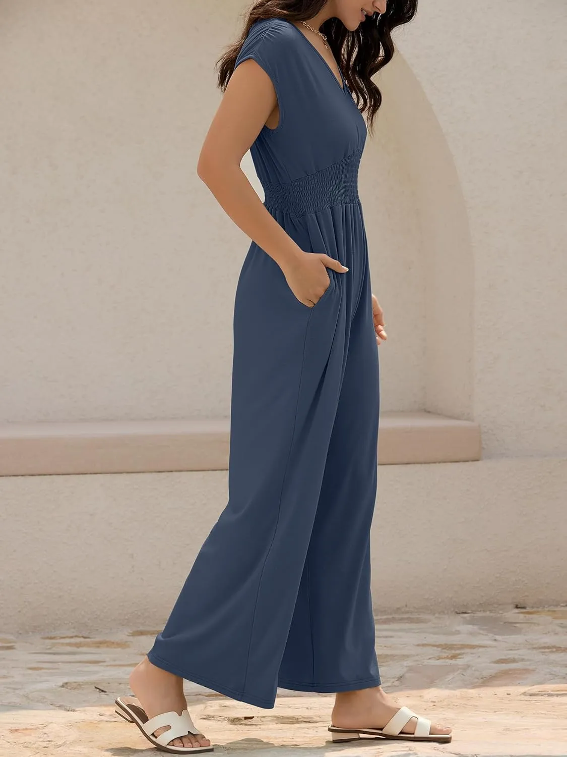 ZAFUL Womens Summer Jumpsuits 2025 Smocked Waist Dressy Casual One Piece Outfits with Pockets