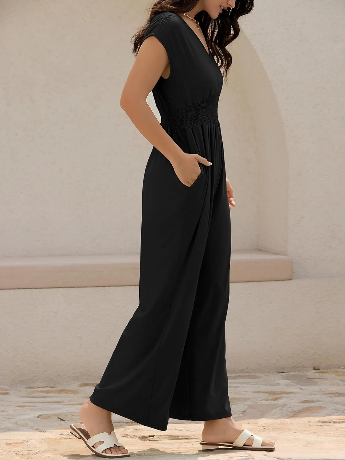 ZAFUL Womens Summer Jumpsuits 2025 Smocked Waist Dressy Casual One Piece Outfits with Pockets